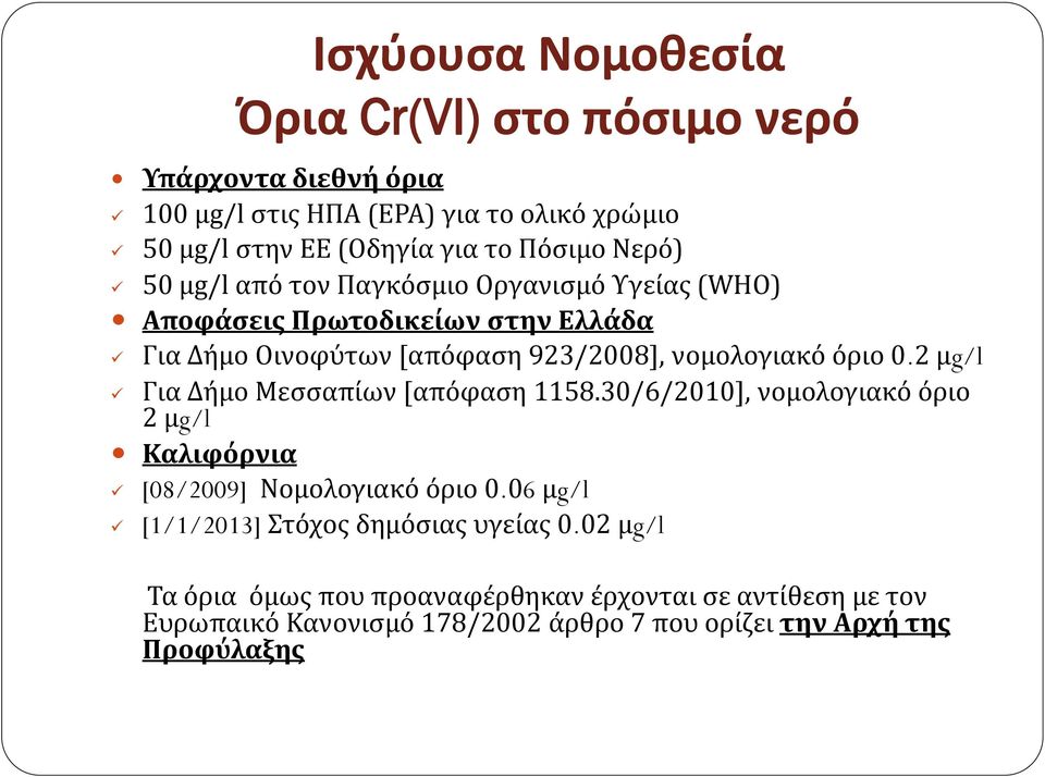 ϐριο 0.2 μg/l Για Δόμο Μεςςαπύων [απϐφαςη 1158.30/6/2010], νομολογιακϐ ϐριο 2 μg/l Καλιφόρνια [08/2009] Νομολογιακϐ ϐριο 0.