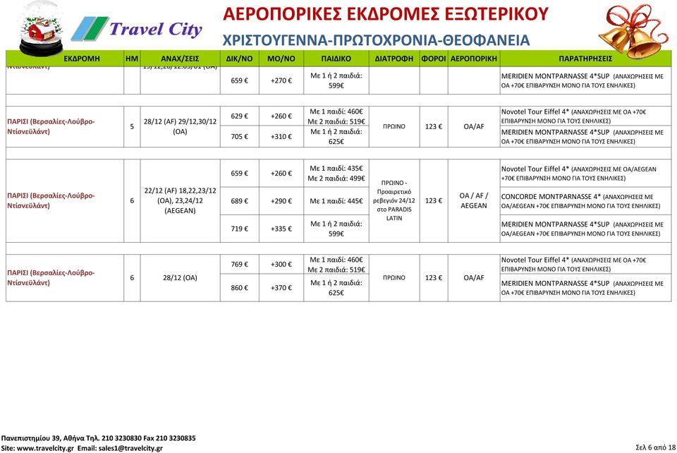 +310 Με 1 παιδί: 40 Με 2 παιδιά: 19 Με 1 ή 2 παιδιά: 2 ΠΡΩΙΝΟ 123 ΟΑ/AF Novotel Tour Eiffel 4* (ΑΝΑΧΩΡΗΣΕΙΣ ΜΕ ΟΑ +70 ΕΠΙΒΑΡΥΝΣΗ ΜΟΝΟ ΓΙΑ ΤΟΥΣ ΕΝΗΛΙΚΕΣ) MERIDIEN MONTPARNASSE 4*SUP (ΑΝΑΧΩΡΗΣΕΙΣ ΜΕ ΟΑ