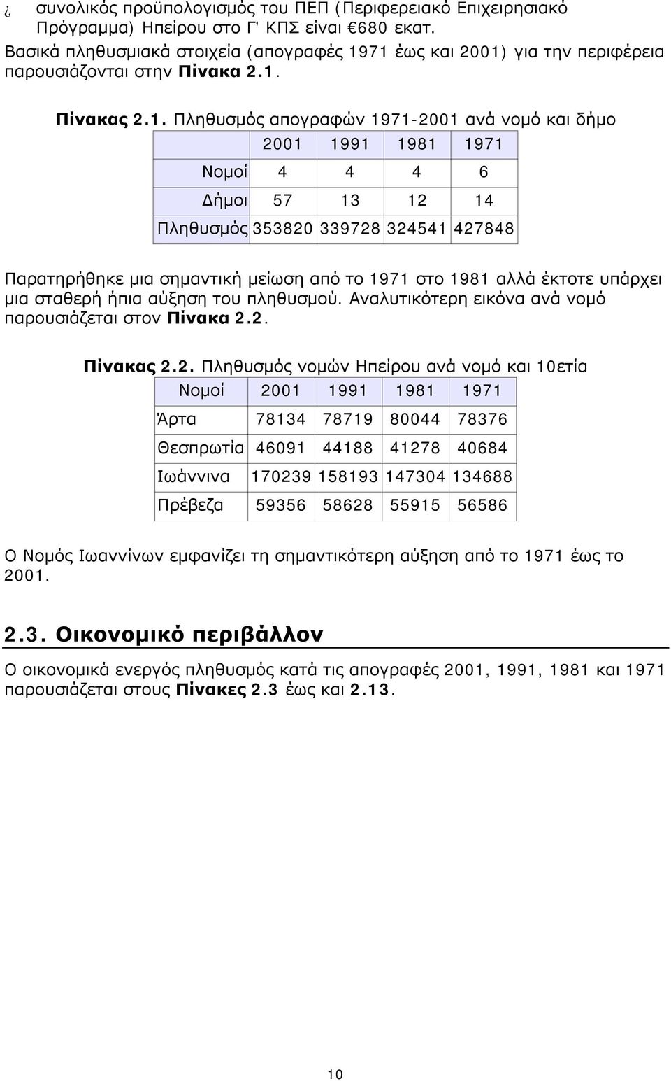 71 έως και 2001) για την περιφέρεια παρουσιάζονται στην Πίνακα 2.1. Πίνακας 2.1. Πληθυσμός απογραφών 1971-2001 ανά νομό και δήμο 2001 1991 1981 1971 Νομοί 4 4 4 6 Δήμοι 57 13 12 14 Πληθυσμός 353820