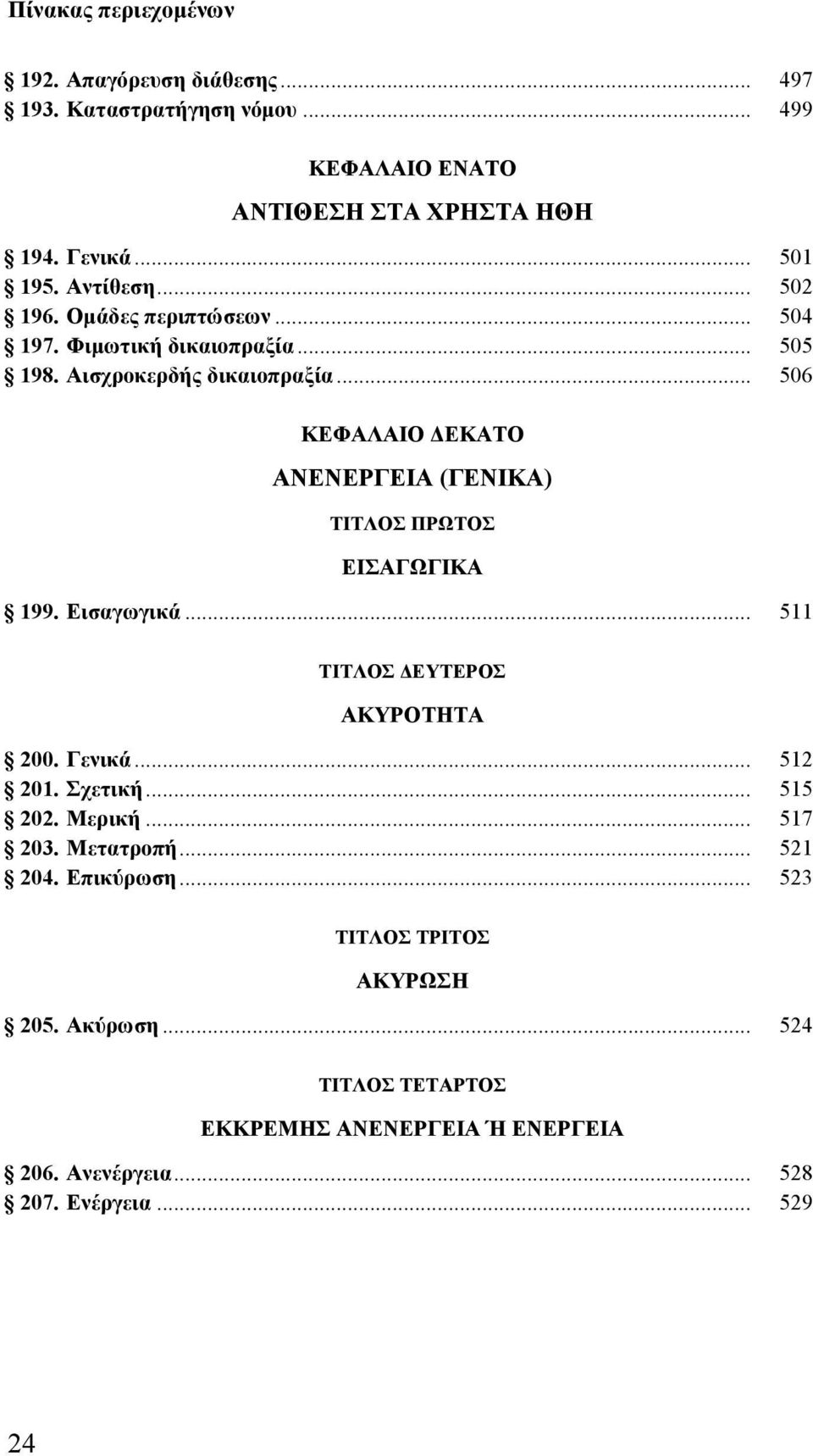 .. 506 ΚΕΦΑΛΑΙΟ ΔΕΚΑΤΟ ΑΝΕΝΕΡΓΕΙΑ () ΕΙΣΑΓΩΓΙΚΑ 199. Εισαγωγικά... 511 ΑΚΥΡΟΤΗΤΑ 200. Γενικά... 512 201. Σχετική... 515 202. Μερική.