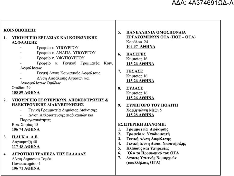 ΥΠΟΥΡΓΕΙΟ ΕΣΩΤΕΡΙΚΩΝ, ΑΠΟΚΕΝΤΡΩΣΗΣ & ΗΛΕΚΤΡΟΝΙΚΗΣ ΔΙΑΚΥΒΕΡΝΗΣΗΣ - Γενική Γραμματεία Δημόσιας Διοίκησης - Δ/νση Απλούστευσης Διαδικασιών και Παραγωγικότητας Βασ. Σοφίας 15 106 74 ΑΘΗΝΑ 3. Η.ΔΙ.Κ.Α. Α.Ε. Λαγουμιτζή 40 117 45 ΑΘΗΝΑ 4.