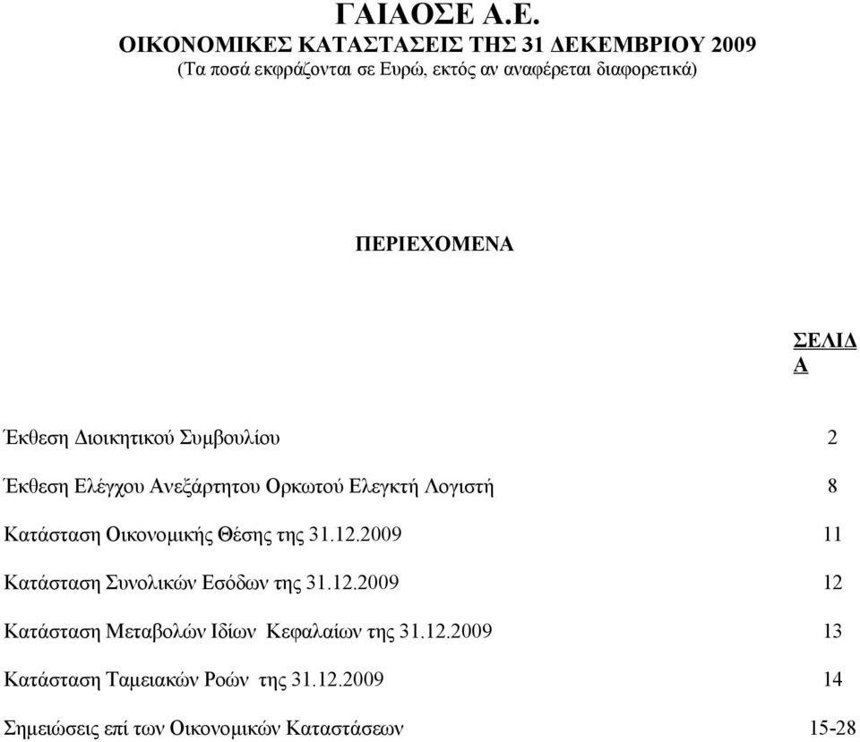 2009 11 Κατάσταση Συνολικών Εσόδων της 31.12.2009 12 Κατάσταση Μεταβολών Ιδίων Κεφαλαίων της 31.