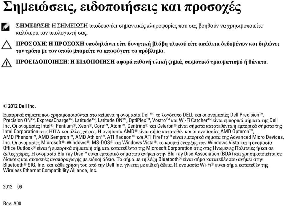 ΠΡΟΕΙΔΟΠΟΙΗΣΗ: Η ΕΙΔΟΠΟΙΗΣΗ αφορά πιθανή υλική ζημιά, σωματικό τραυματισμό ή θάνατο. 2012 Dell Inc.