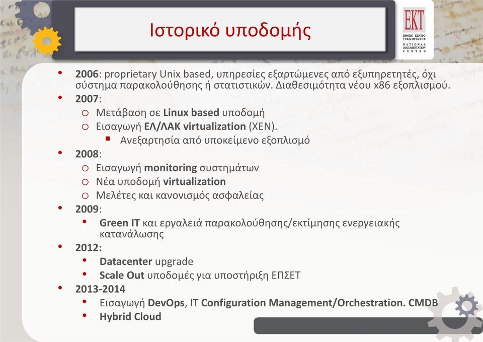 Ανεξαρτησία από υποκείμενο εξοπλισμό 2008: o Εισαγωγή monitoring συστημάτων o Νέα υποδομή virtualization o Μελέτες και κανονισμός ασφαλείας 2009: Green