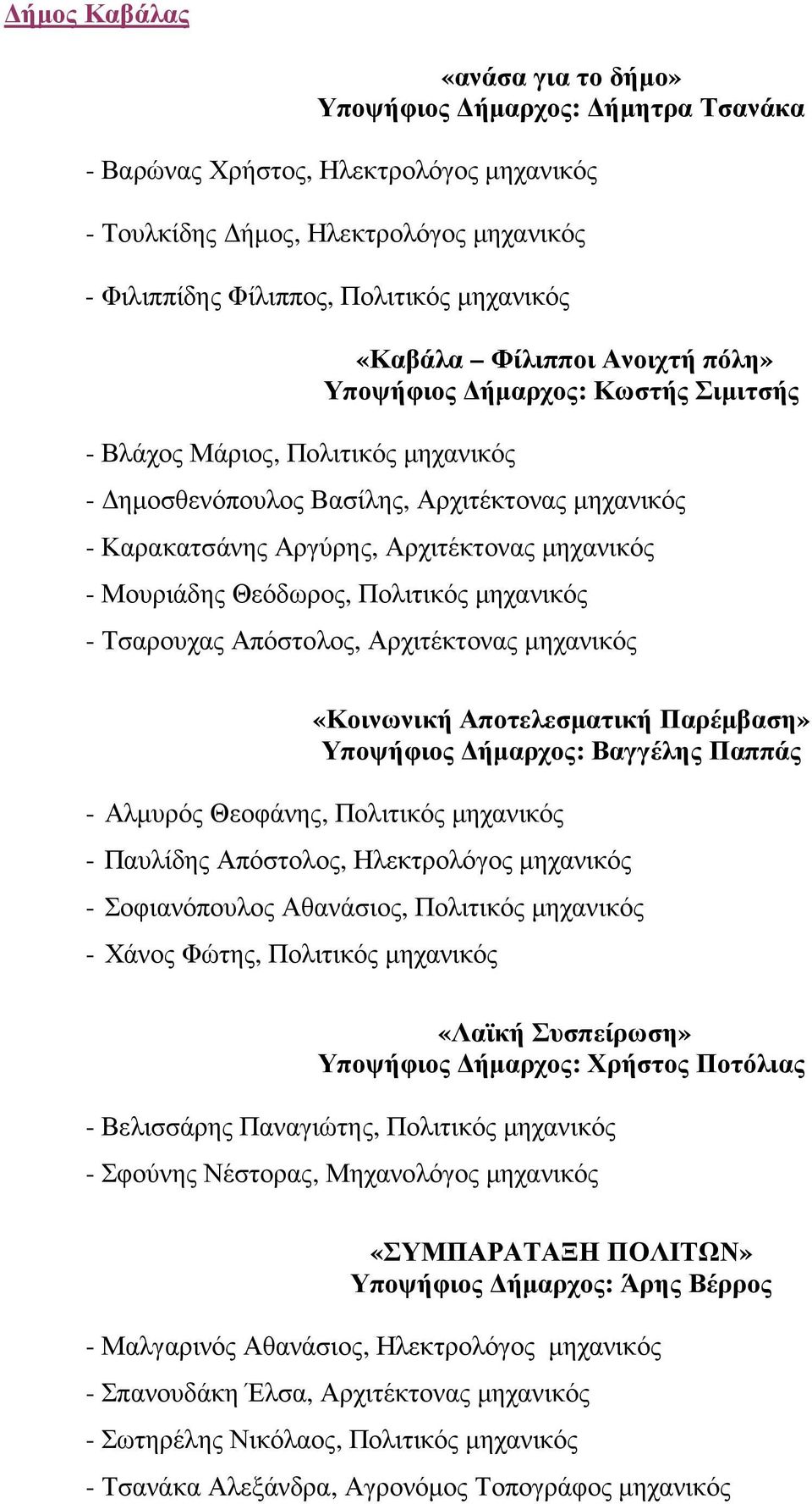 Μουριάδης Θεόδωρος, Πολιτικός µηχανικός - Τσαρουχας Απόστολος, Αρχιτέκτονας µηχανικός «Κοινωνική Αποτελεσµατική Παρέµβαση» Υποψήφιος ήµαρχος: Βαγγέλης Παππάς - Αλµυρός Θεοφάνης, Πολιτικός µηχανικός -