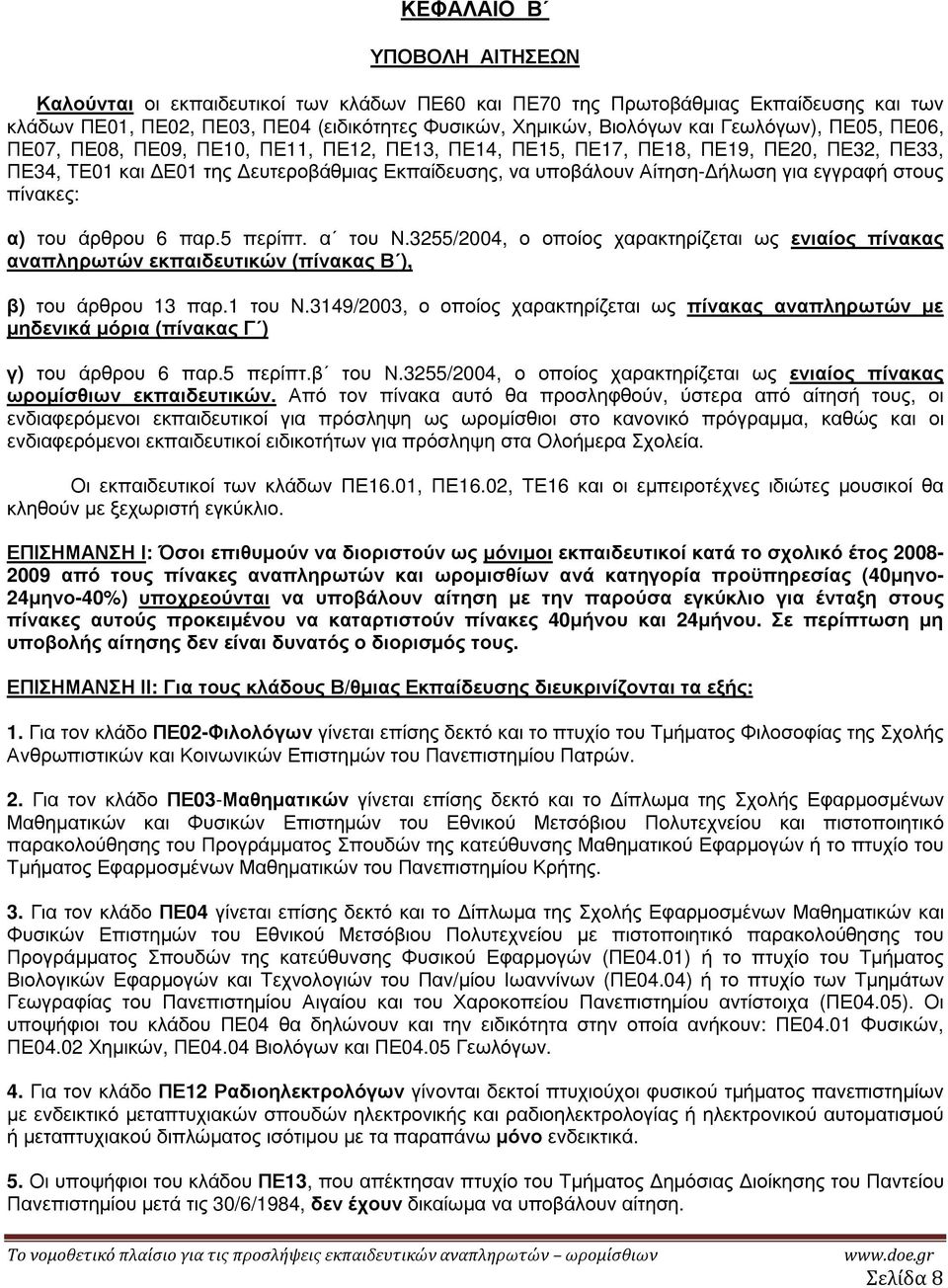 εγγραφή στους πίνακες: α) του άρθρου 6 παρ.5 περίπτ. α του Ν.3255/2004, ο οποίος χαρακτηρίζεται ως ενιαίος πίνακας αναπληρωτών εκπαιδευτικών (πίνακας Β ), β) του άρθρου 13 παρ.1 του Ν.