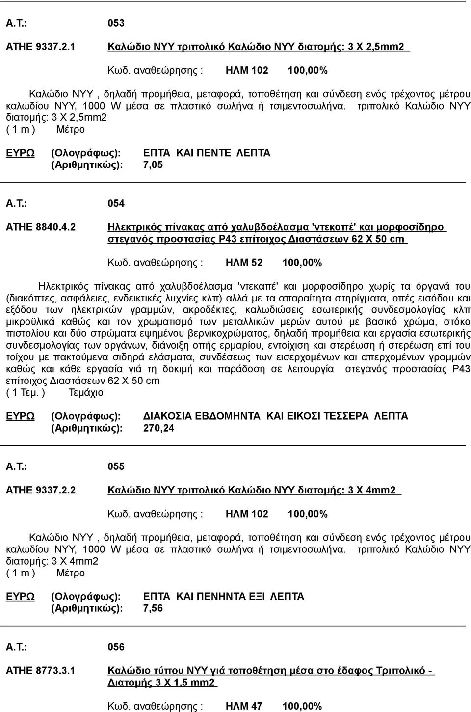 τριπολικό Καλώδιο ΝΥΥ διατομής: 3 Χ 2,5mm2 ( 1 m ) Μέτρο ΕΥΡΩ (Ολογράφως): ΕΠΤΑ ΚΑΙ ΠΕΝΤΕ ΛΕΠΤΑ (Αριθμητικώς): 7,05 A.T.: 054 