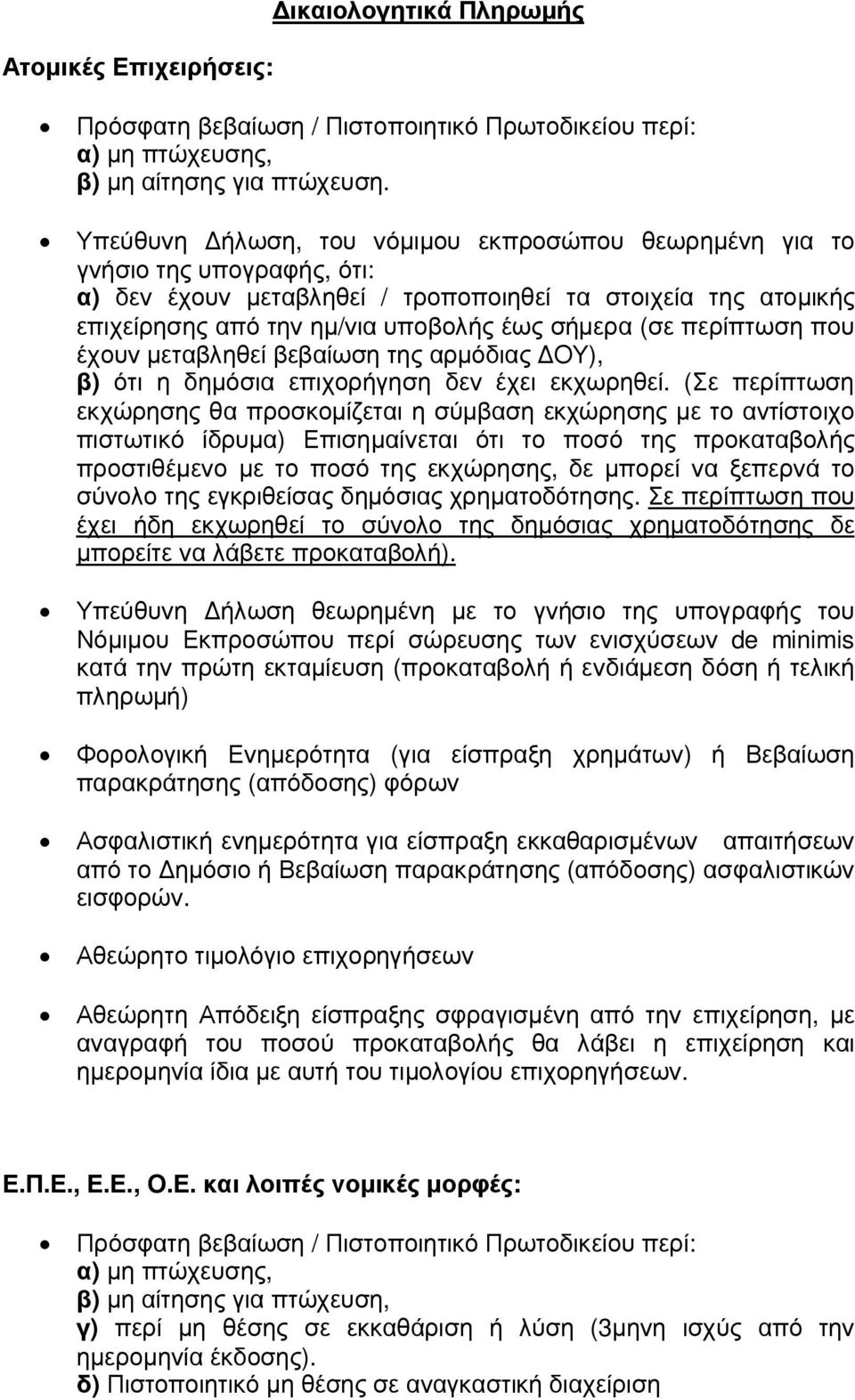 περίπτωση που έχουν µεταβληθεί βεβαίωση της αρµόδιας ΟΥ), β) ότι η δηµόσια επιχορήγηση δεν έχει εκχωρηθεί.