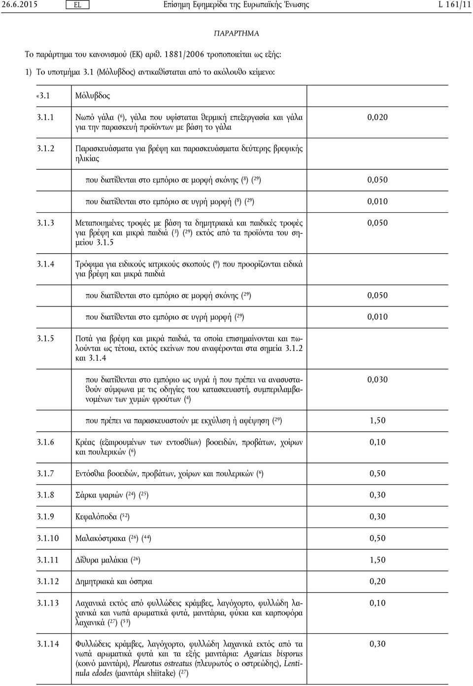 1.3 Μεταποιημένες τροφές με βάση τα δημητριακά και παιδικές τροφές για βρέφη και μικρά παιδιά ( 3 ) ( 29 ) εκτός από τα προϊόντα του σημείου 3.1.5 0,050 3.1.4 Τρόφιμα για ειδικούς ιατρικούς σκοπούς (