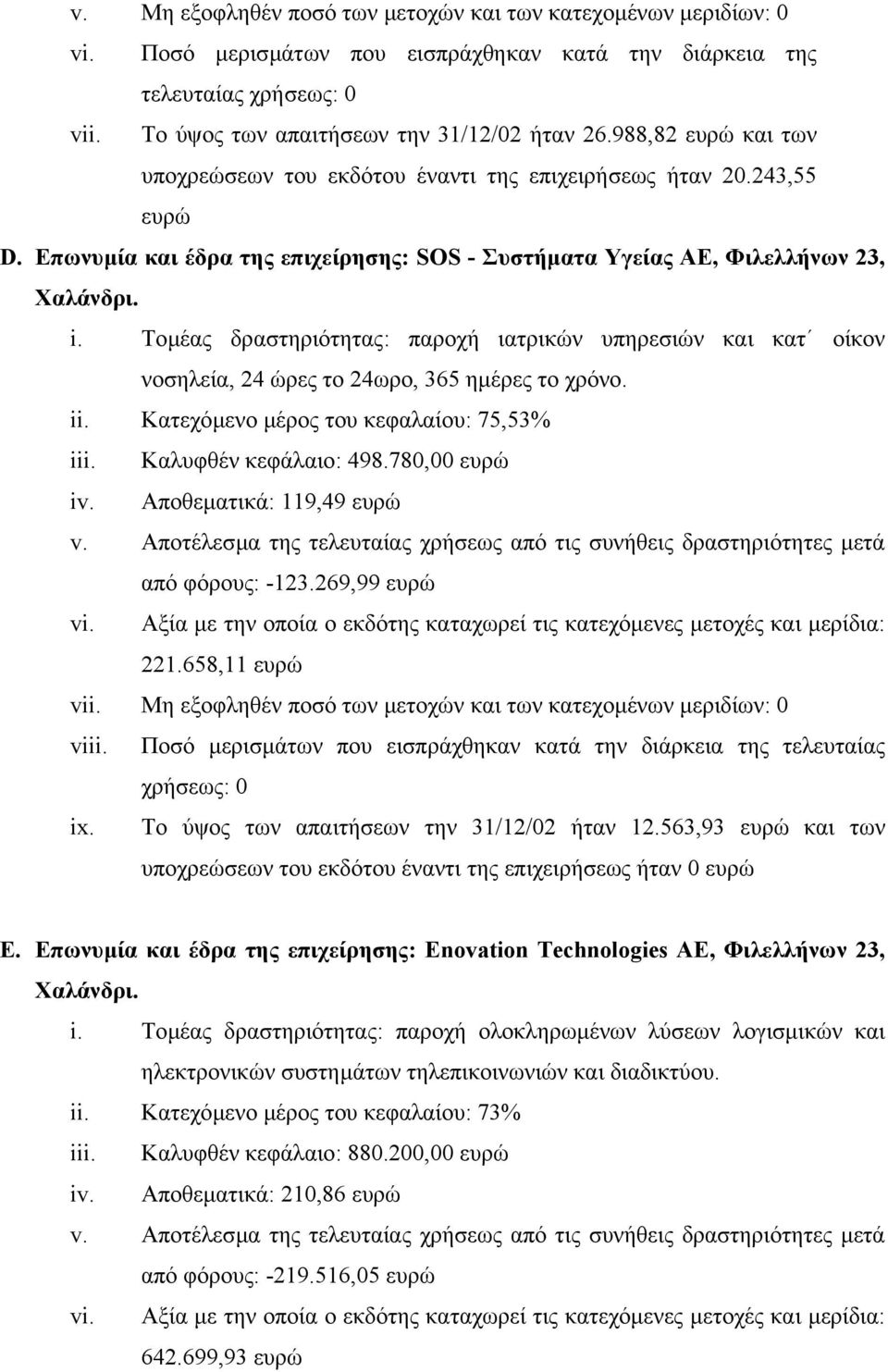 Τοµέας δραστηριότητας: παροχή ιατρικών υπηρεσιών και κατ οίκον νοσηλεία, 24 ώρες το 24ωρο, 365 ηµέρες το χρόνο. ii. Κατεχόµενο µέρος του κεφαλαίου: 75,53% iii. Καλυφθέν κεφάλαιο: 498.780,00 ευρώ iv.