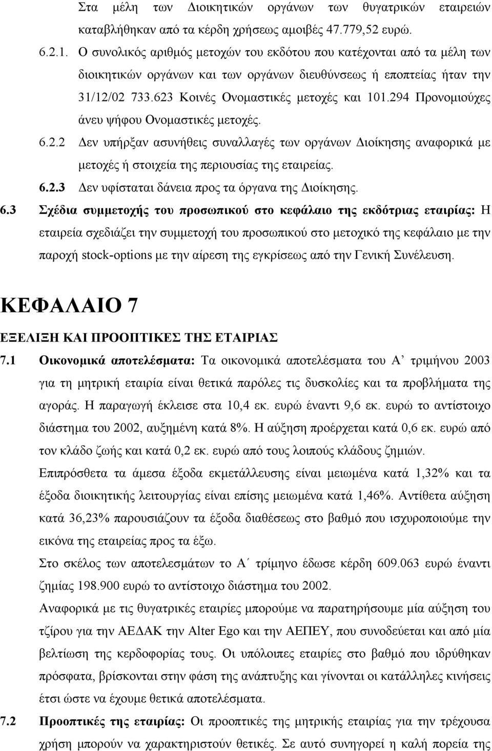 294 Προνοµιούχες άνευ ψήφου Ονοµαστικές µετοχές. 6.2.2 εν υπήρξαν ασυνήθεις συναλλαγές των οργάνων ιοίκησης αναφορικά µε µετοχές ή στοιχεία της περιουσίας της εταιρείας. 6.2.3 εν υφίσταται δάνεια προς τα όργανα της ιοίκησης.