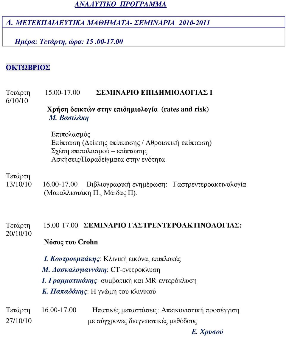 00 Βιβλιογραφική ενημέρωση: Γαστρεντεροακτινολογία (Ματαλλιωτάκη Π., Μάιδας Π). Τετάρτη 20/10/10 15.00-17.00 ΣΕΜΙΝΑΡΙΟ ΓΑΣΤΡΕΝΤΕΡΟΑΚΤΙΝΟΛΟΓΙΑΣ: Νόσος του Crohn Ι.