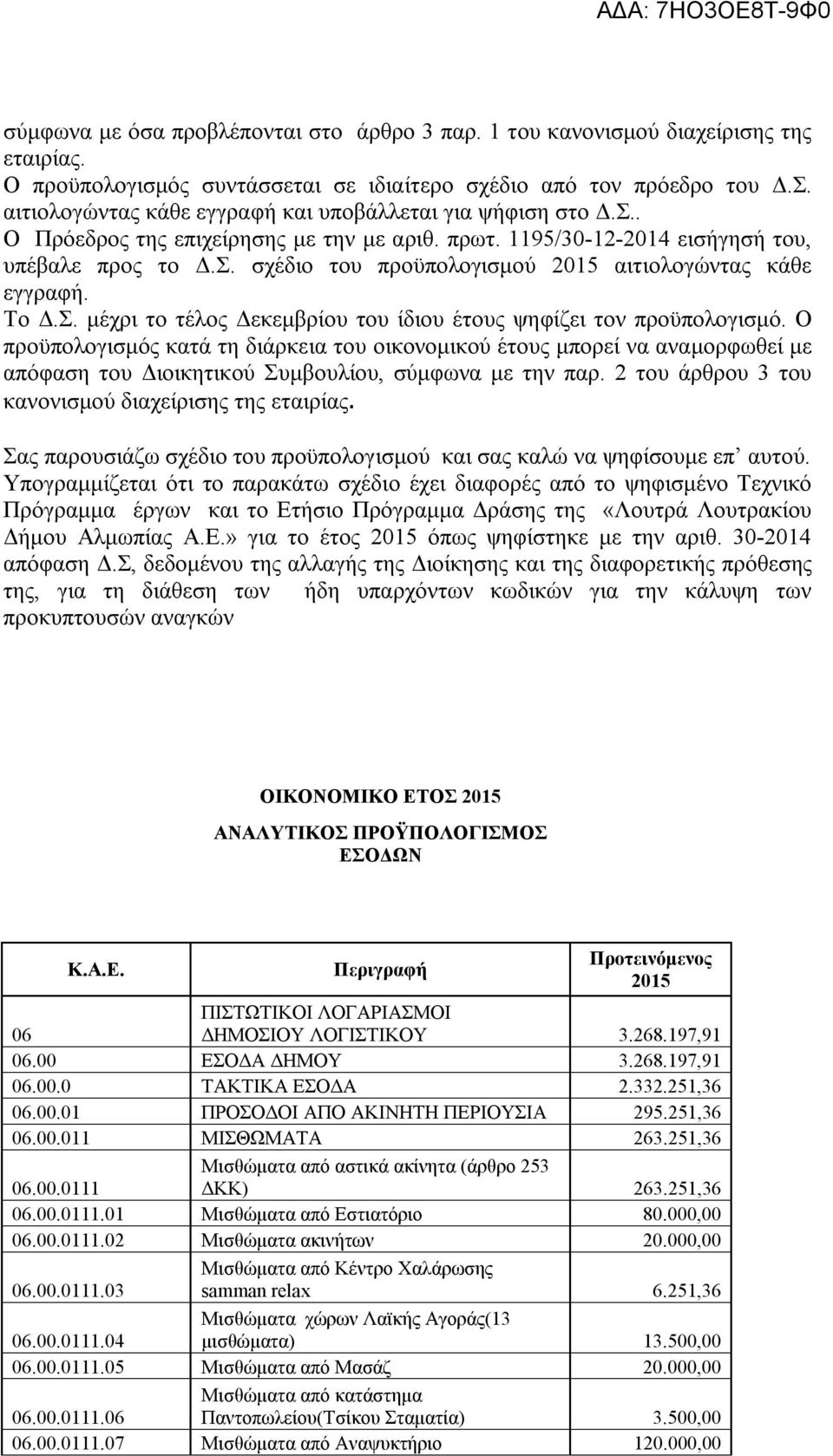 Το Δ.Σ. μέχρι το τέλος Δεκεμβρίου του ίδιου έτους ψηφίζει τον προϋπολογισμό.