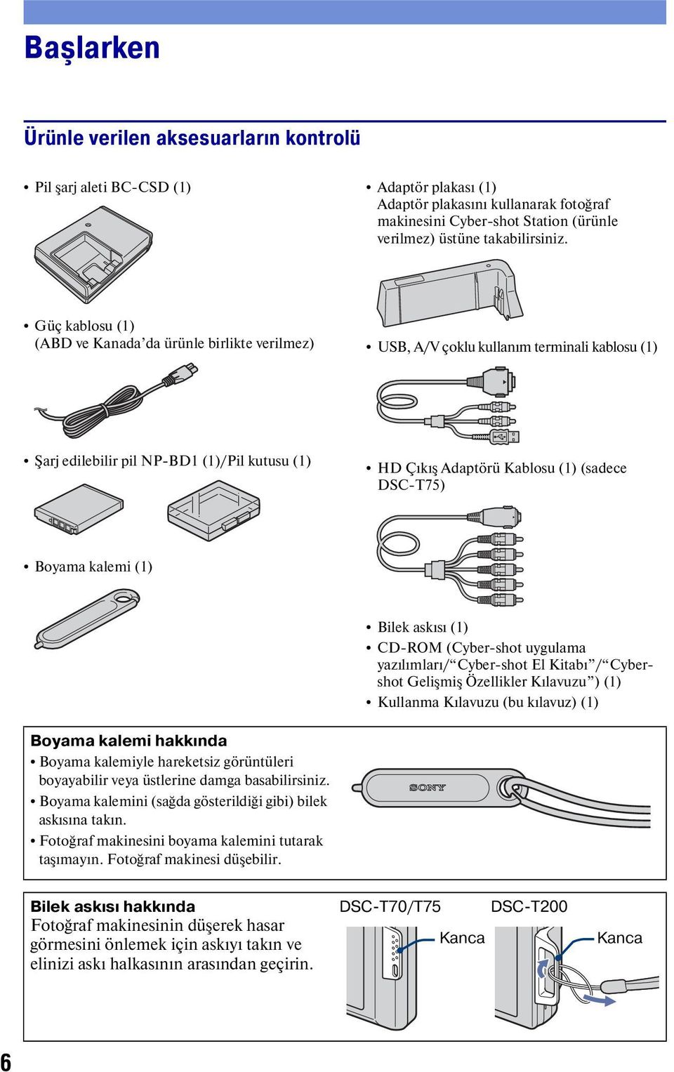 Güç kablosu (1) (ABD ve Kanada da ürünle birlikte verilmez) USB, A/V çoklu kullanım terminali kablosu (1) Şarj edilebilir pil NP-BD1 (1)/Pil kutusu (1) HD Çıkış Adaptörü Kablosu (1) (sadece DSC-T75)