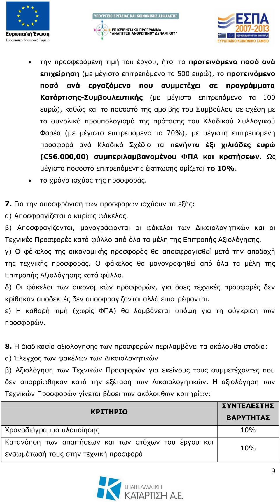 κέγηζην επηηξεπφκελν ην 70%), κε κέγηζηε επηηξεπφκελε πξνζθνξά αλά Κιαδηθφ ρέδην ηα πελήληα έμη ρηιηάδεο επξώ ( 56.000,00) ζπκπεξηιακβαλνκέλνπ ΦΞΑ θαη θξαηήζεωλ.