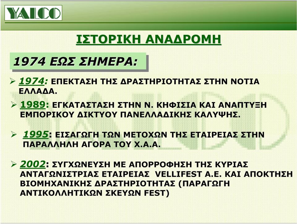 1995: ΕΙΣΑΓΩΓΗ ΤΩΝ ΜΕΤΟΧΩΝ ΤΗΣ ΕΤΑΙΡΕΙΑΣ ΣΤΗΝ ΠΑΡΑΛΛΗΛΗ ΑΓΟΡΑ ΤΟΥ Χ.Α.Α. 2002: ΣΥΓΧΩΝΕΥΣΗ ΜΕ ΑΠΟΡΡΟΦΗΣΗ ΤΗΣ ΚΥΡΙΑΣ ΑΝΤΑΓΩΝΙΣΤΡΙΑΣ ΕΤΑΙΡΕΙΑΣ VELLIFEST A.