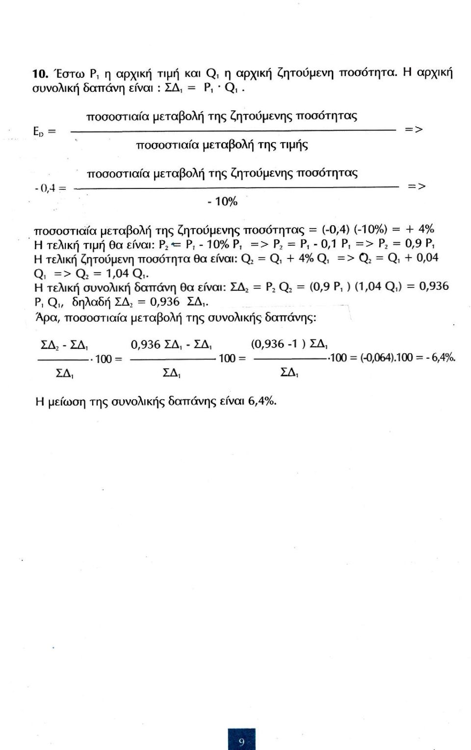 (-0,4) (-10%) = + 4% Η τελική τιμή θα είναι: Ρ 2 «= Ρ, -10% Ρ, => Ρ 2 = Ρ, - 0,1 Ρ, => Ρ 2 = 0,9 Ρ, Η τελική ζητούμενη ποσότητα θα είναι: Q, = Q, + 4% Q, => Q 2 = Q, + 0,04 Q, => Q, = 1,04 Q,.