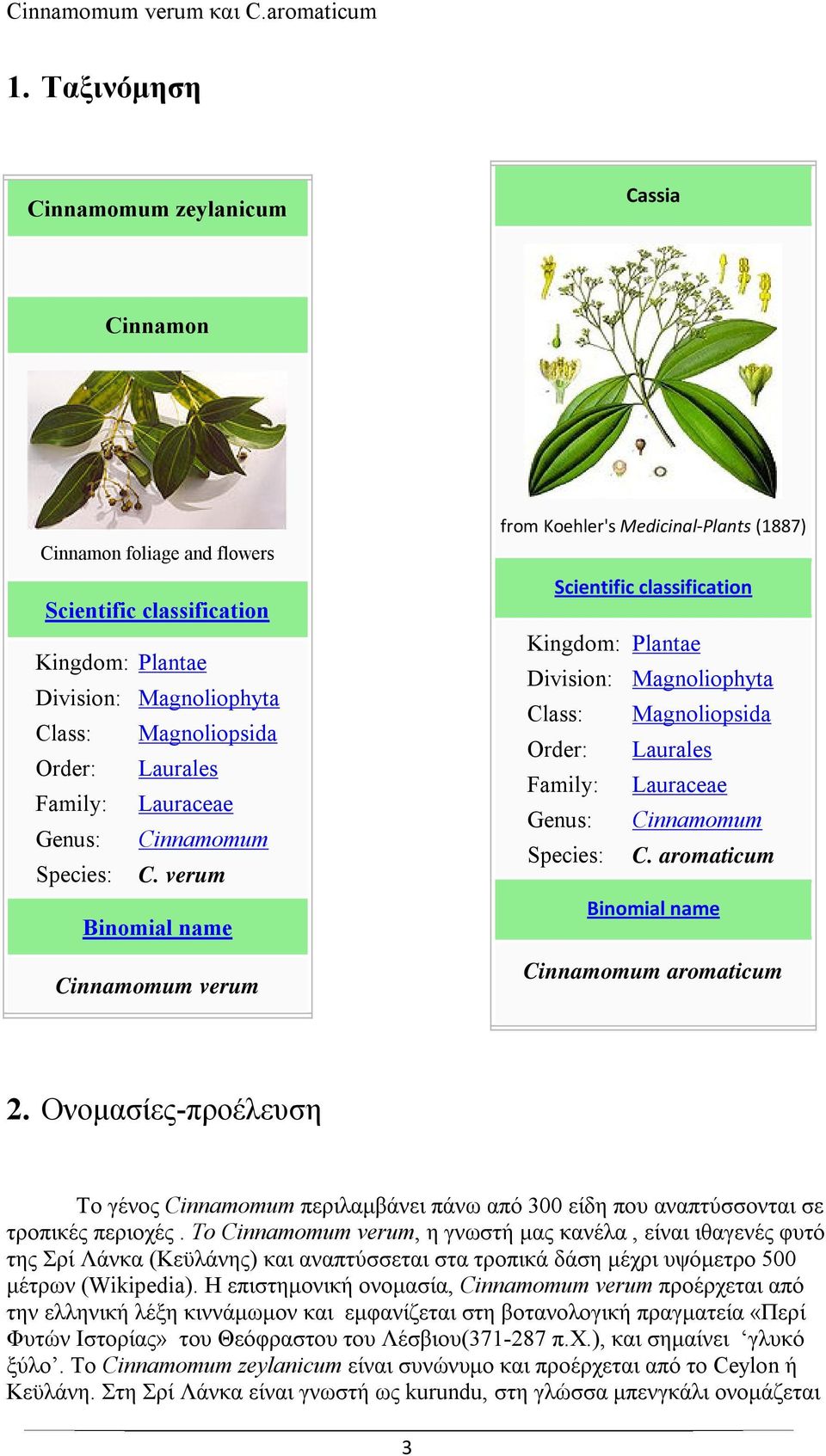 verum Binomial name Cinnamomum verum from Koehler's Medicinal Plants (1887) Scientific classification Kingdom: Plantae Division: Magnoliophyta Class: Magnoliopsida Order: Laurales Family:  aromaticum