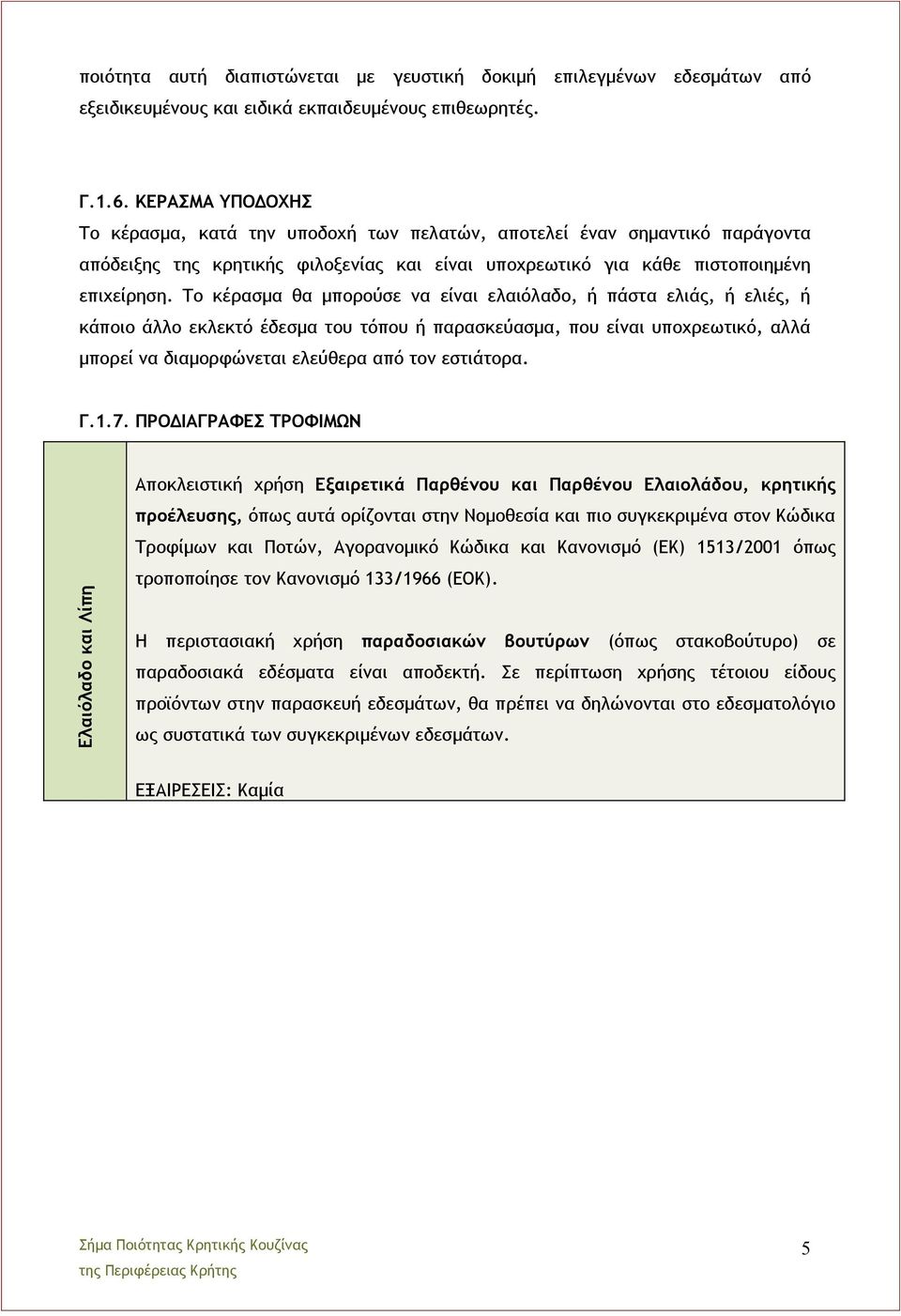 Το κέρασμα θα μπορούσε να είναι ελαιόλαδο, ή πάστα ελιάς, ή ελιές, ή κάποιο άλλο εκλεκτό έδεσμα του τόπου ή παρασκεύασμα, που είναι υποχρεωτικό, αλλά μπορεί να διαμορφώνεται ελεύθερα από τον