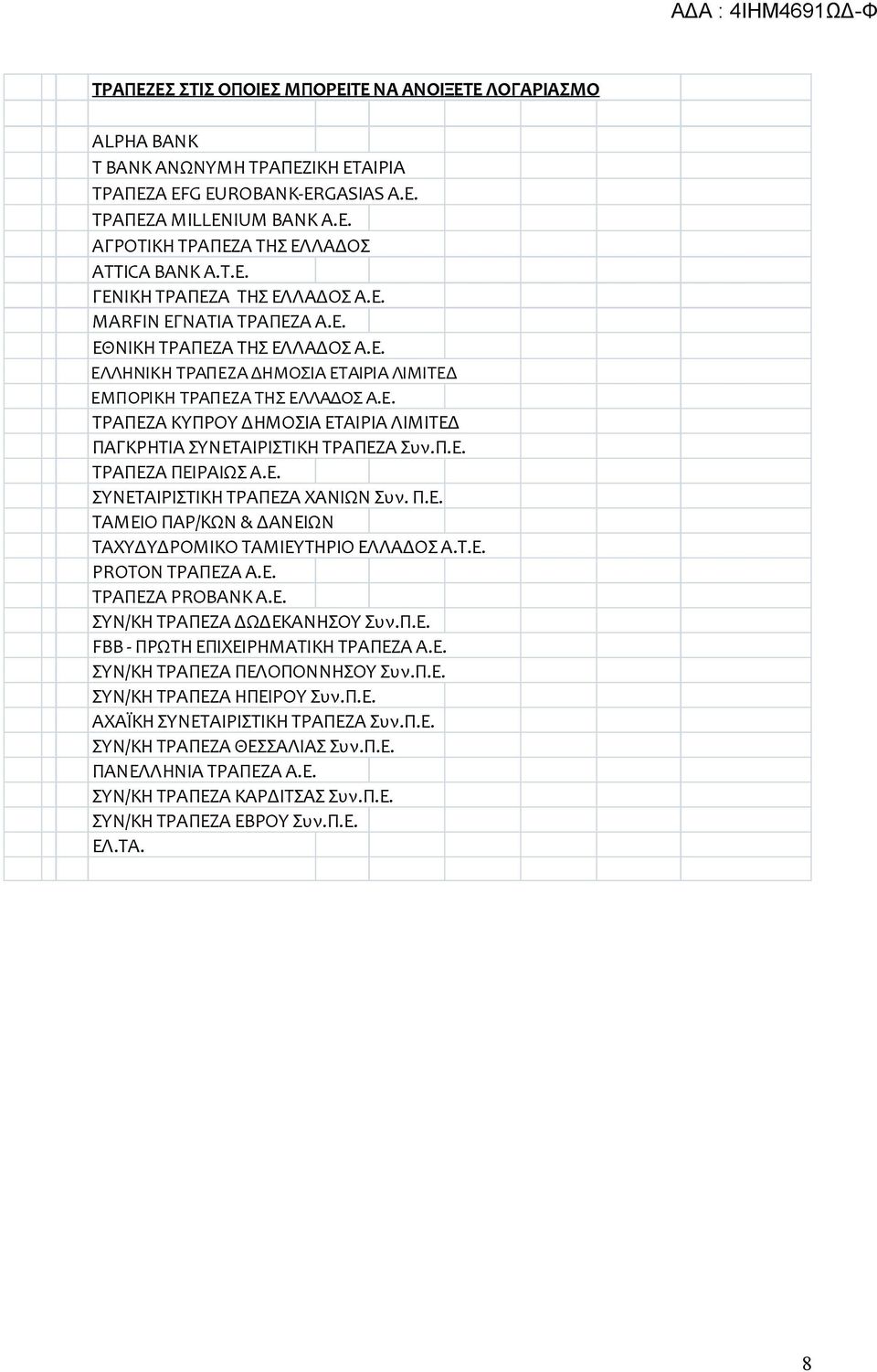 Π.Ε. ΤΡΑΠΕΖΑ ΠΕΙΡΑΙΩΣ Α.Ε. ΣΥΝΕΤΑΙΡΙΣΤΙΚΗ ΤΡΑΠΕΖΑ ΧΑΝΙΩΝ Συν. Π.Ε. ΤΑΜΕΙΟ ΠΑΡ/ΚΩΝ & ΔΑΝΕΙΩΝ ΤΑΧΥΔΥΔΡΟΜΙΚΟ ΤΑΜΙΕΥΤΗΡΙΟ ΕΛΛΑΔΟΣ Α.Τ.Ε. PROTON ΤΡΑΠΕΖΑ Α.Ε. ΤΡΑΠΕΖΑ PROBANK Α.Ε. ΣΥΝ/ΚΗ ΤΡΑΠΕΖΑ ΔΩΔΕΚΑΝΗΣΟΥ Συν.