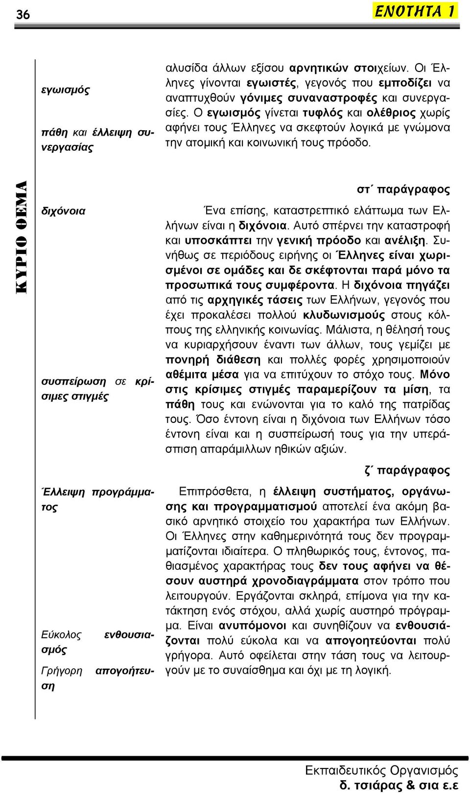 στ παράγραφος διχόνοια συσπείρωση σε κρίσιμες στιγμές Ένα επίσης, καταστρεπτικό ελάττωμα των Ελλήνων είναι η διχόνοια. Αυτό σπέρνει την καταστροφή και υποσκάπτει την γενική πρόοδο και ανέλιξη.