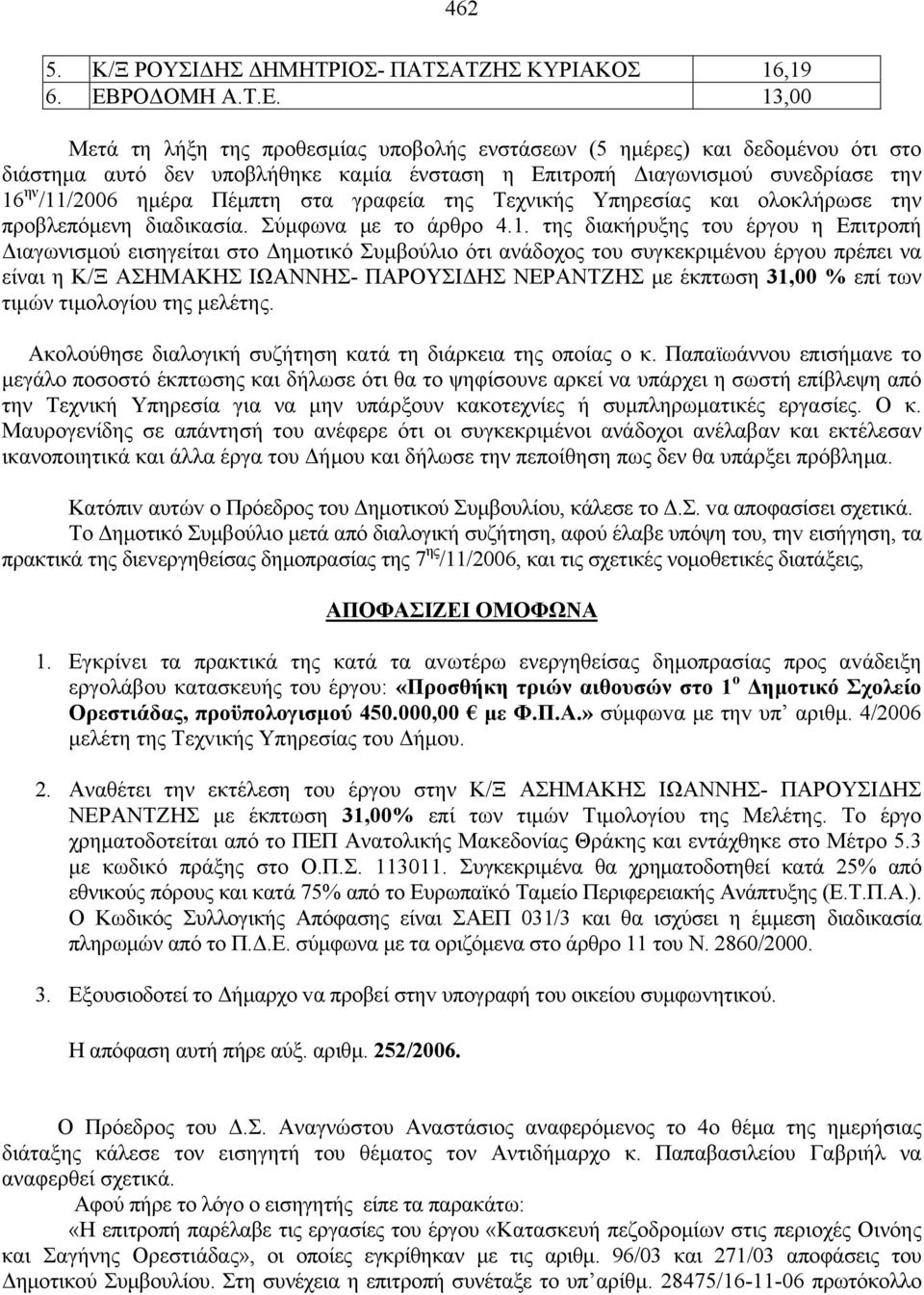 13,00 Μετά τη λήξη της προθεσμίας υποβολής ενστάσεων (5 ημέρες) και δεδομένου ότι στο διάστημα αυτό δεν υποβλήθηκε καμία ένσταση η Επιτροπή Διαγωνισμού συνεδρίασε την 16 ην /11/2006 ημέρα Πέμπτη στα