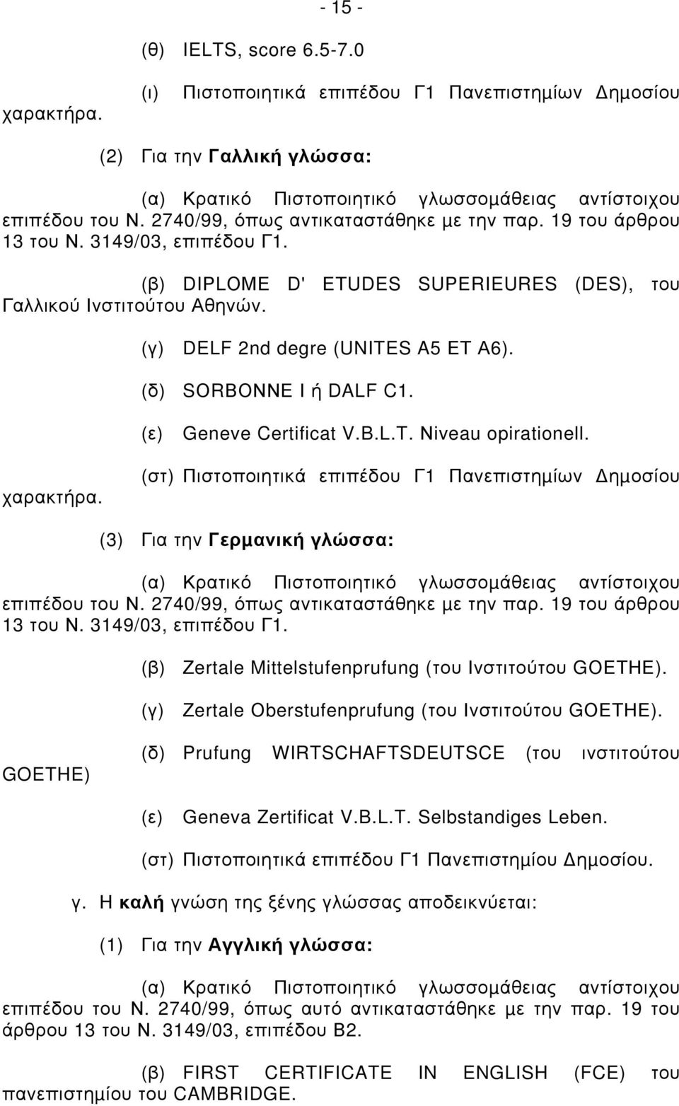 (δ) SΟRΒΟΝΝΕ Ι ή DALF C1. (ε) Geneve Certificat V.B.L.T. Νiveau opirationell. χαρακτήρα.