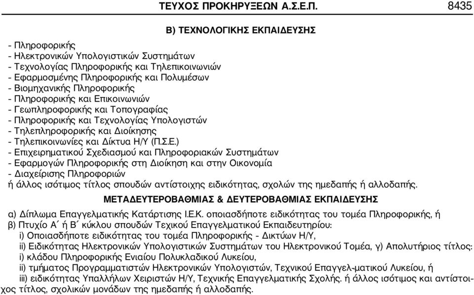 8435 Β) ΤΕΧΝΟΛΟΓΙΚΗΣ ΕΚΠΑΙΔΕΥΣΗΣ Πληροφορικής Ηλεκτρονικών Υπολογιστικών Συστημάτων Τεχνολογίας Πληροφορικής και Τηλεπικοινωνιών Εφαρμοσμένης Πληροφορικής και Πολυμέσων Βιομηχανικής Πληροφορικής