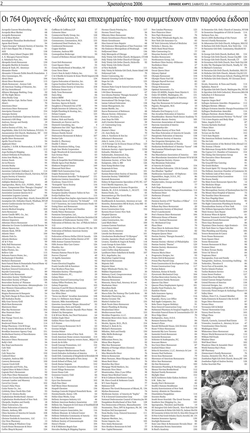 Z Towing 61 AGS 138 AHEPA, Coney Island Chapter 200 156 A. K. Macagna Funeral Home 81 A. Kokaliaris Furs, Inc., 94 Akropolis Greek Restaurant 130 Akropolis Marbles & Granites 131 Alatsas & Taub, P.C. Attorneys 81 Alexander Florist 106 Alexander S Onassis Public Benefit Foundation 3 Alex Constanopes, P.