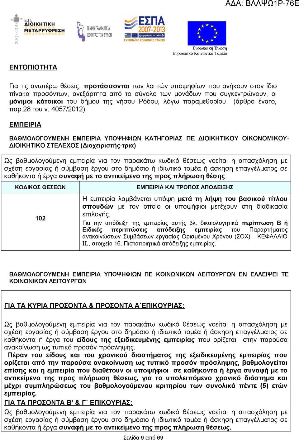 ΕΜΠΕΙΡΙΑ ΒΑΘΜΟΛΟΓΟΥΜΕΝΗ ΕΜΠΕΙΡΙΑ ΥΠΟΨΗΦΙΩΝ ΚΑΤΗΓΟΡΙΑΣ ΠΕ ΔΙΟΙΚΗΤΙΚΟΥ ΟΙΚΟΝΟΜΙΚΟΥ- ΔΙΟΙΚΗΤΙΚΟ ΣΤΕΛΕΧΟΣ (Διαχειριστής-τρια) Ως βαθμολογούμενη εμπειρία για τον παρακάτω κωδικό θέσεως νοείται η