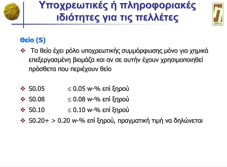 χρησιµοποιηθεί πρόσθετα που περιέχουν θείο S0.05 0.05 w-% επί ξηρού S0.08 0.