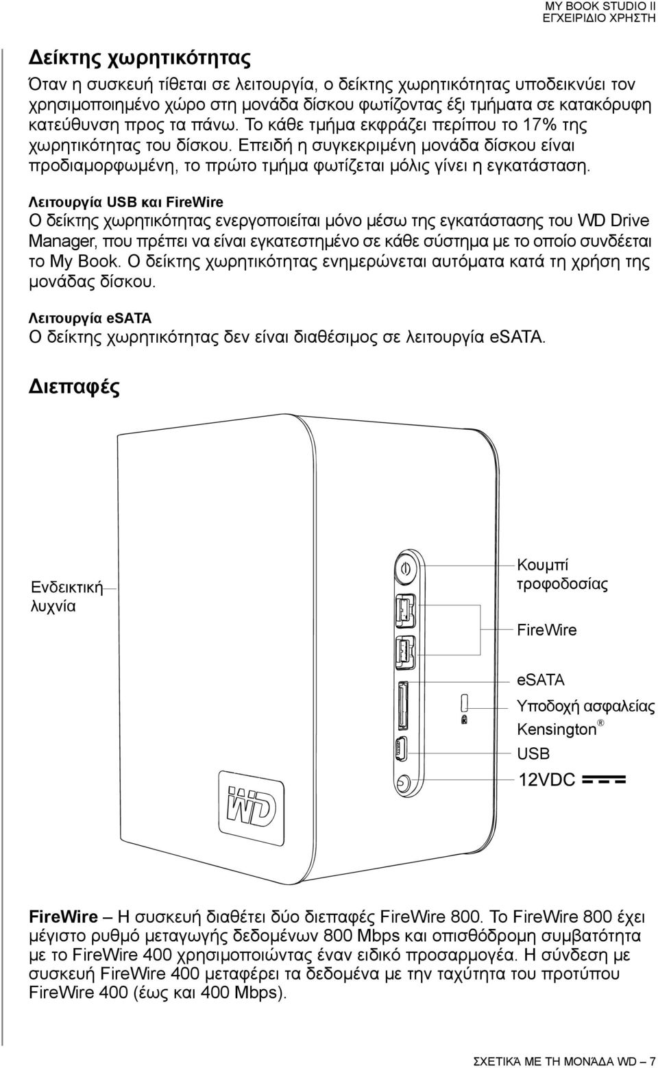 Λειτουργία USB και FireWire Ο δείκτης χωρητικότητας ενεργοποιείται μόνο μέσω της εγκατάστασης του WD Drive Manager, που πρέπει να είναι εγκατεστημένο σε κάθε σύστημα με το οποίο συνδέεται το My Book.