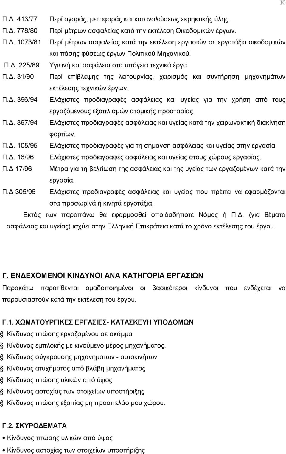 Π.Δ. 397/94 Ελάχιστες προδιαγραφές ασφάλειας και υγείας κατά την χειρωνακτική διακίνηση φορτίων. Π.Δ. 105/95 Ελάχιστες προδιαγραφές για τη σήμανση ασφάλειας και υγείας στην εργασία. Π.Δ. 16/96 Ελάχιστες προδιαγραφές ασφάλειας και υγείας στους χώρους εργασίας.