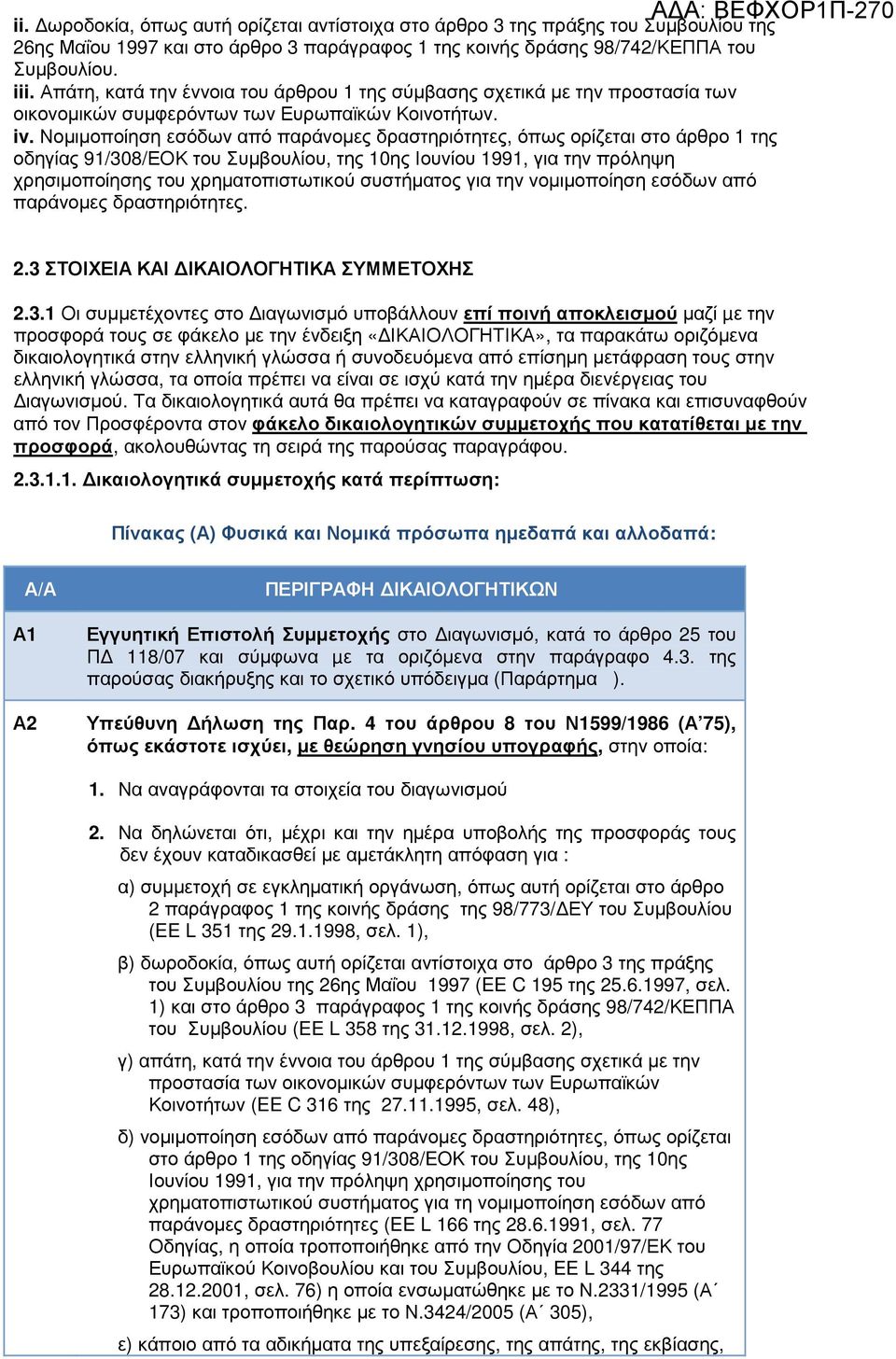 Νοµιµοποίηση εσόδων από παράνοµες δραστηριότητες, όπως ορίζεται στο άρθρο 1 της οδηγίας 91/308/ΕΟΚ του Συµβουλίου, της 10ης Ιουνίου 1991, για την πρόληψη χρησιµοποίησης του χρηµατοπιστωτικού