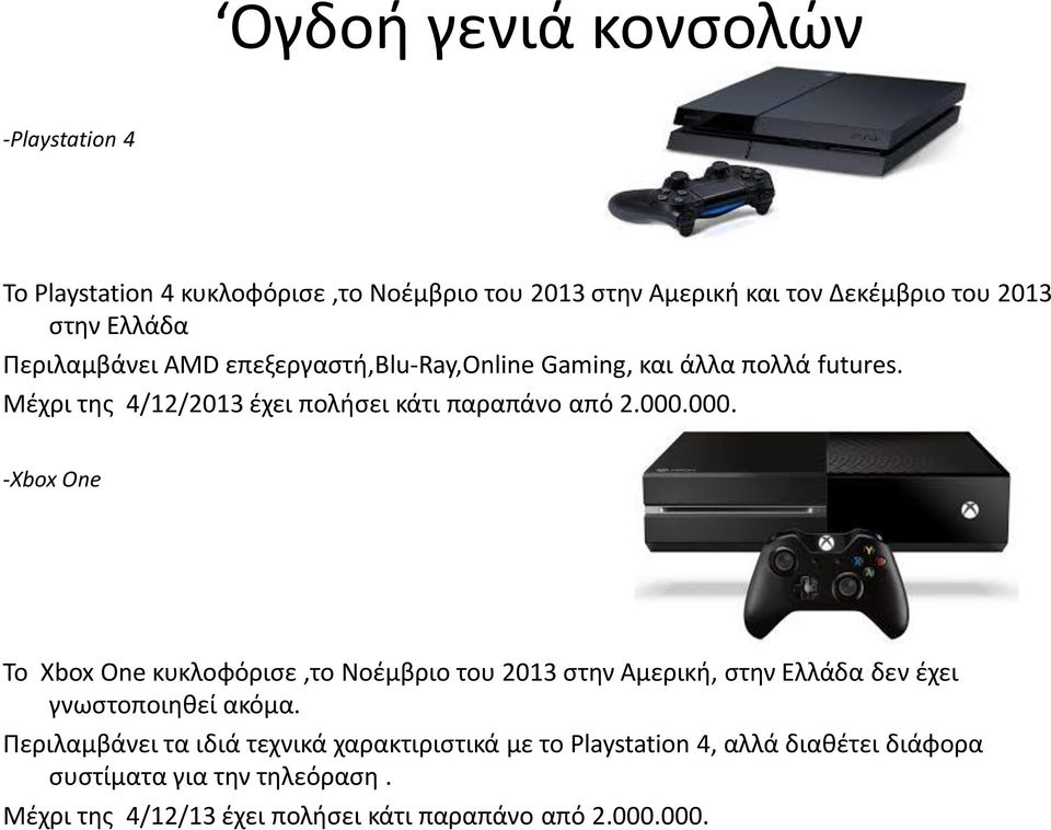 000. -Xbox One To Xbox One κυκλοφόρισε,το Νοέμβριο του 2013 στην Αμερική, στην Ελλάδα δεν έχει γνωστοποιηθεί ακόμα.