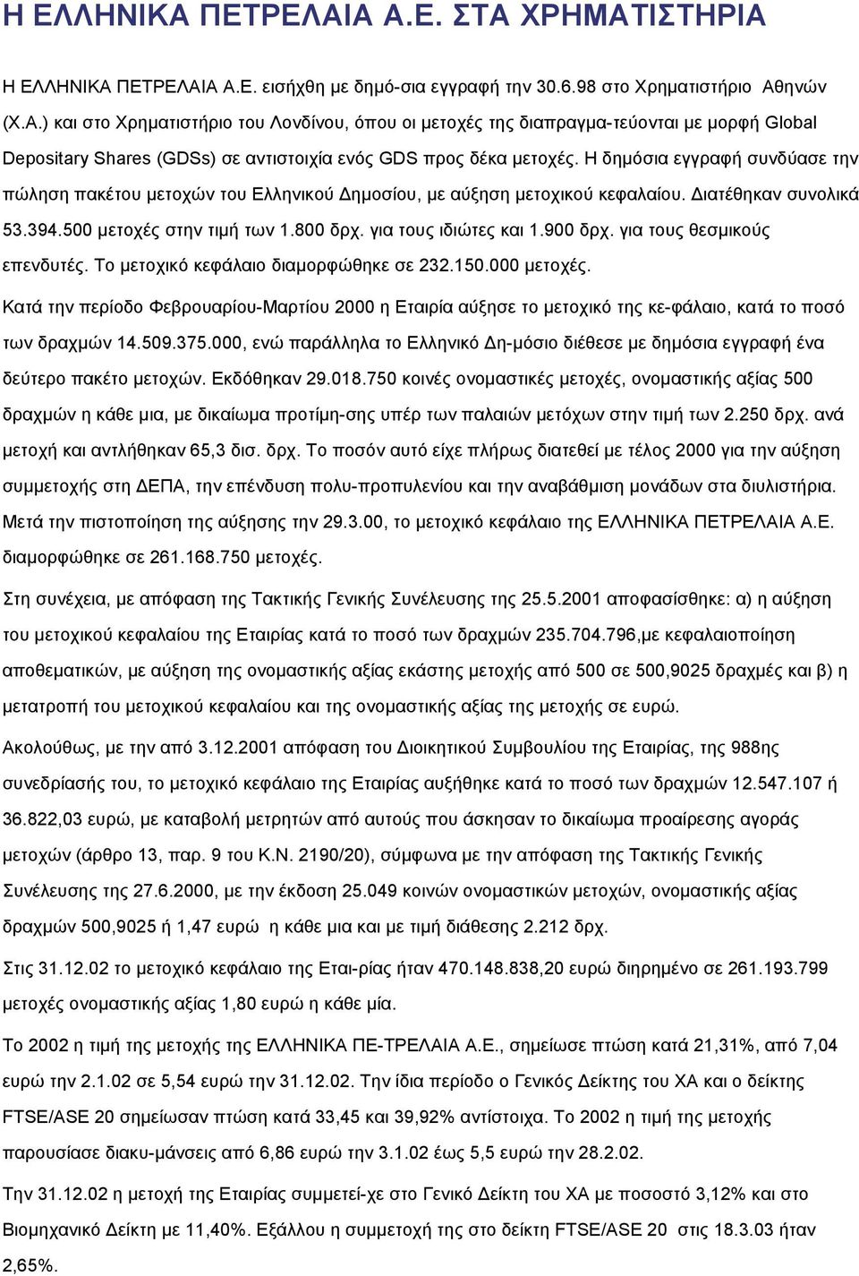 900 δρχ. για τους θεσµικούς επενδυτές. Το µετοχικό κεφάλαιο διαµορφώθηκε σε 232.150.000 µετοχές.