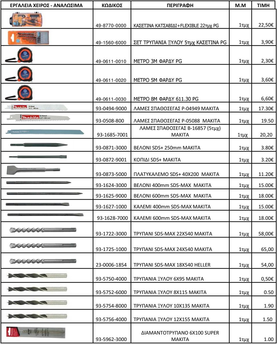 50 ΛΑΜΕΣ ΣΠΑΘΟΣΕΓΑΣ Β-16857 (5τμχ) 93-1685-7001 ΜΑΚΙΤΑ 1τμχ 20,20 93-0871-3000 ΒΕΛΟΝΙ SDS+ 250mm MAKITA 1τμχ 3.80 93-0872-9001 ΚΟΠΙΔΙ SDS+ MAKITA 1τμχ 3.