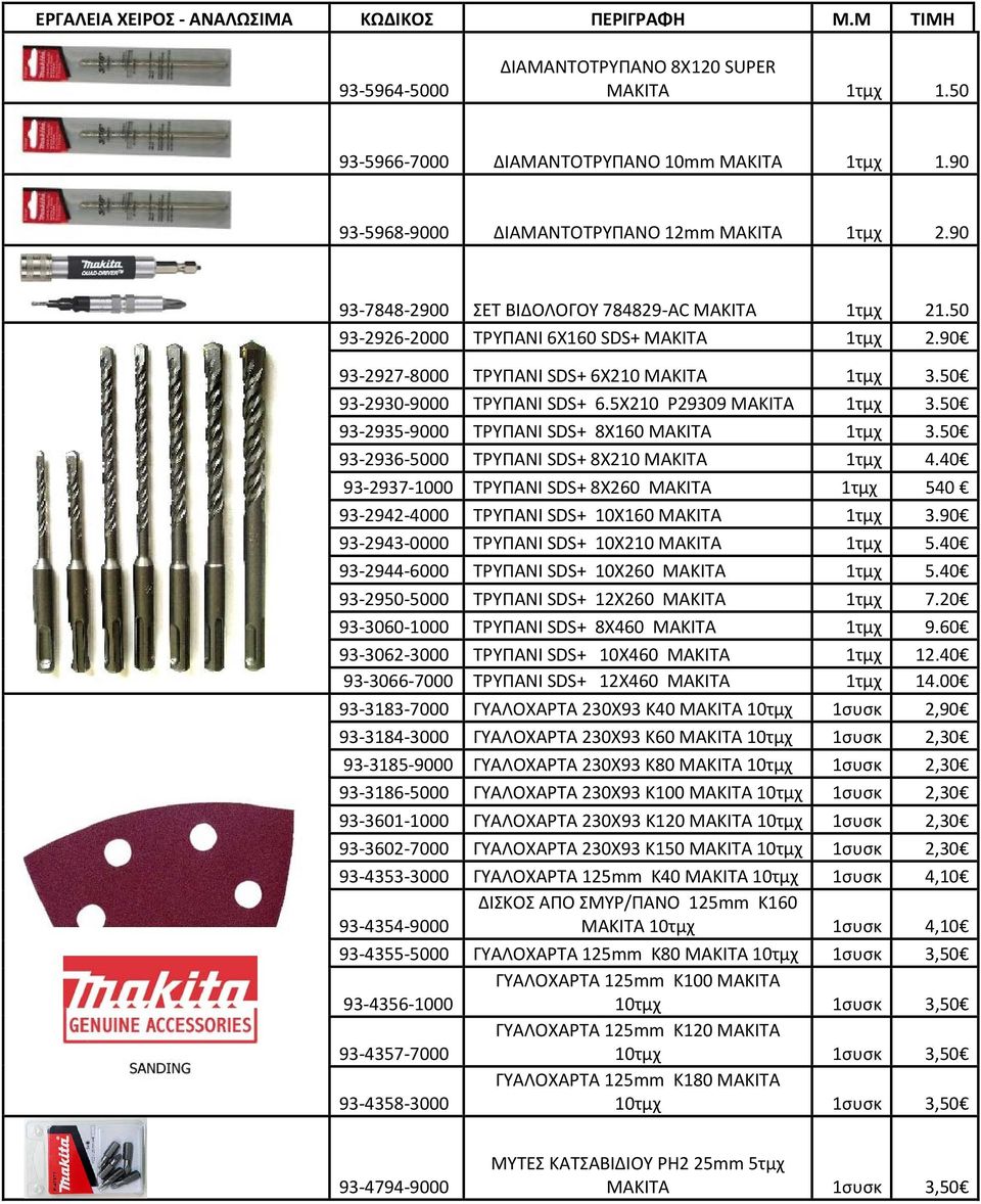 5X210 P29309 MAKITA 1τμχ 3.50 93-2935-9000 ΤΡΥΠΑΝΙ SDS+ 8X160 MAKITA 1τμχ 3.50 93-2936-5000 ΤΡΥΠΑΝΙ SDS+ 8X210 MAKITA 1τμχ 4.