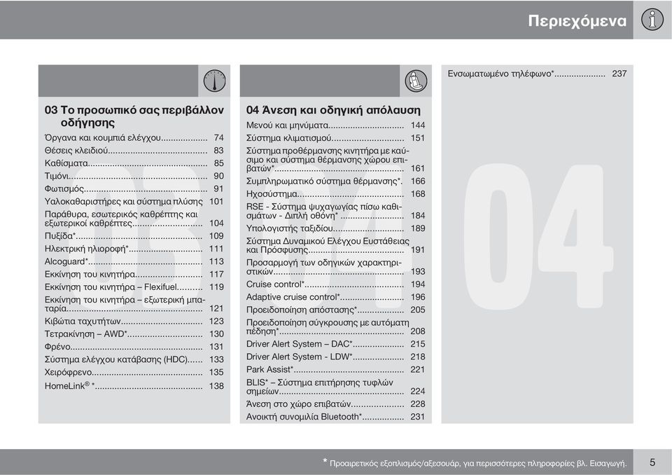 .. 117 Εκκίνηση του κινητήρα Flexifuel... 119 Εκκίνηση του κινητήρα εξωτερική μπαταρία... 121 Κιβώτια ταχυτήτων... 123 04 Άνεση και οδηγική απόλαυση Μενού και μηνύματα... 144 Σύστημα κλιματισμού.