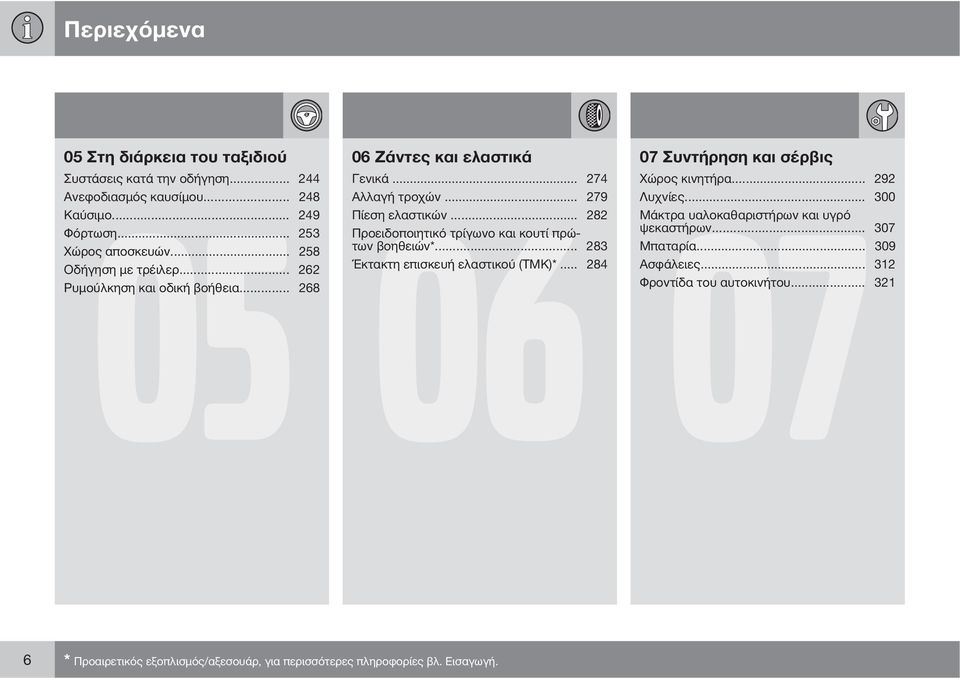 .. 282 Προειδοποιητικό τρίγωνο και κουτί πρώτων βοηθειών*... 283 Έκτακτη επισκευή ελαστικού (TMK)*... 284 07 Συντήρηση και σέρβις 07 Χώρος κινητήρα... 292 Λυχνίες.