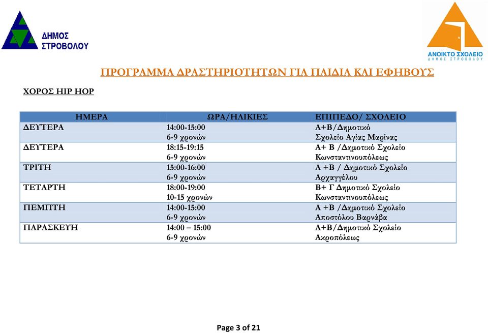 χρονών Α +Β / Δημοτικό Σχολείο Αρχαγγέλου ΤΕΤΑΡΤΗ 18:00-19:00 10-15 χρονών Β+ Γ Δημοτικό Σχολείο ΠΕΜΠΤΗ 14:00-15:00 6-9