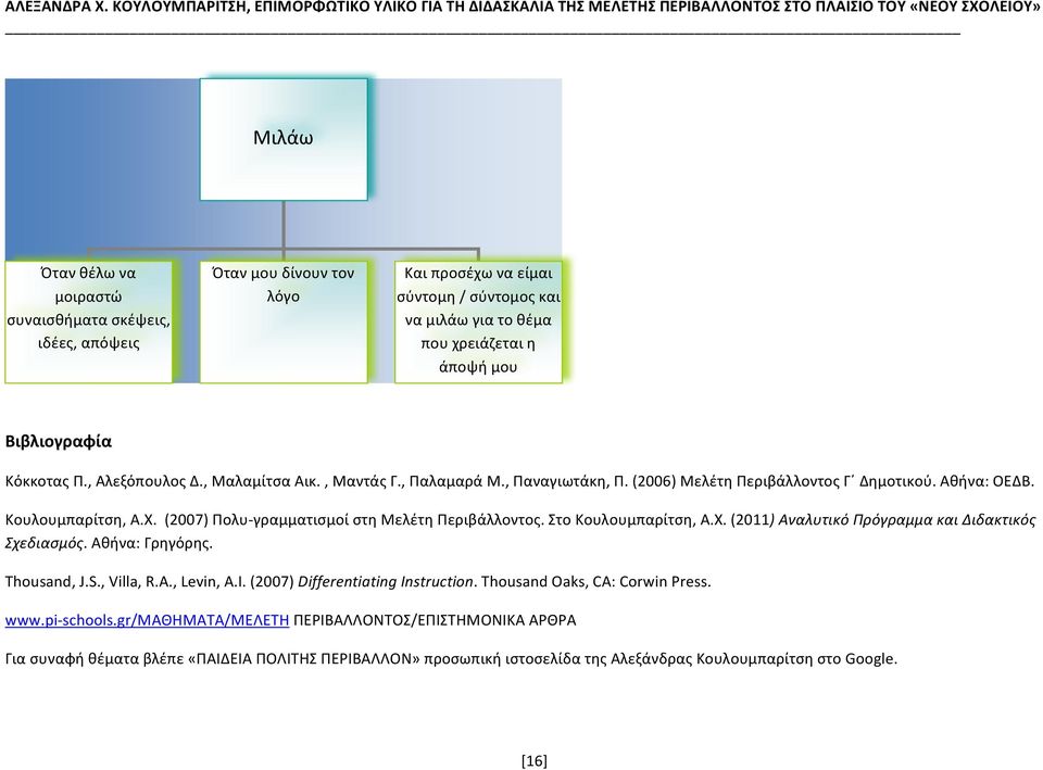 (2007) Πολυ- γραμματισμοί στη Μελέτη Περιβάλλοντος. Στο Κουλουμπαρίτση, Α.Χ. (2011) Αναλυτικό Πρόγραμμα και Διδακτικός Σχεδιασμός. Αθήνα: Γρηγόρης. Thousand, J.S., Villa, R.A., Levin, A.I.