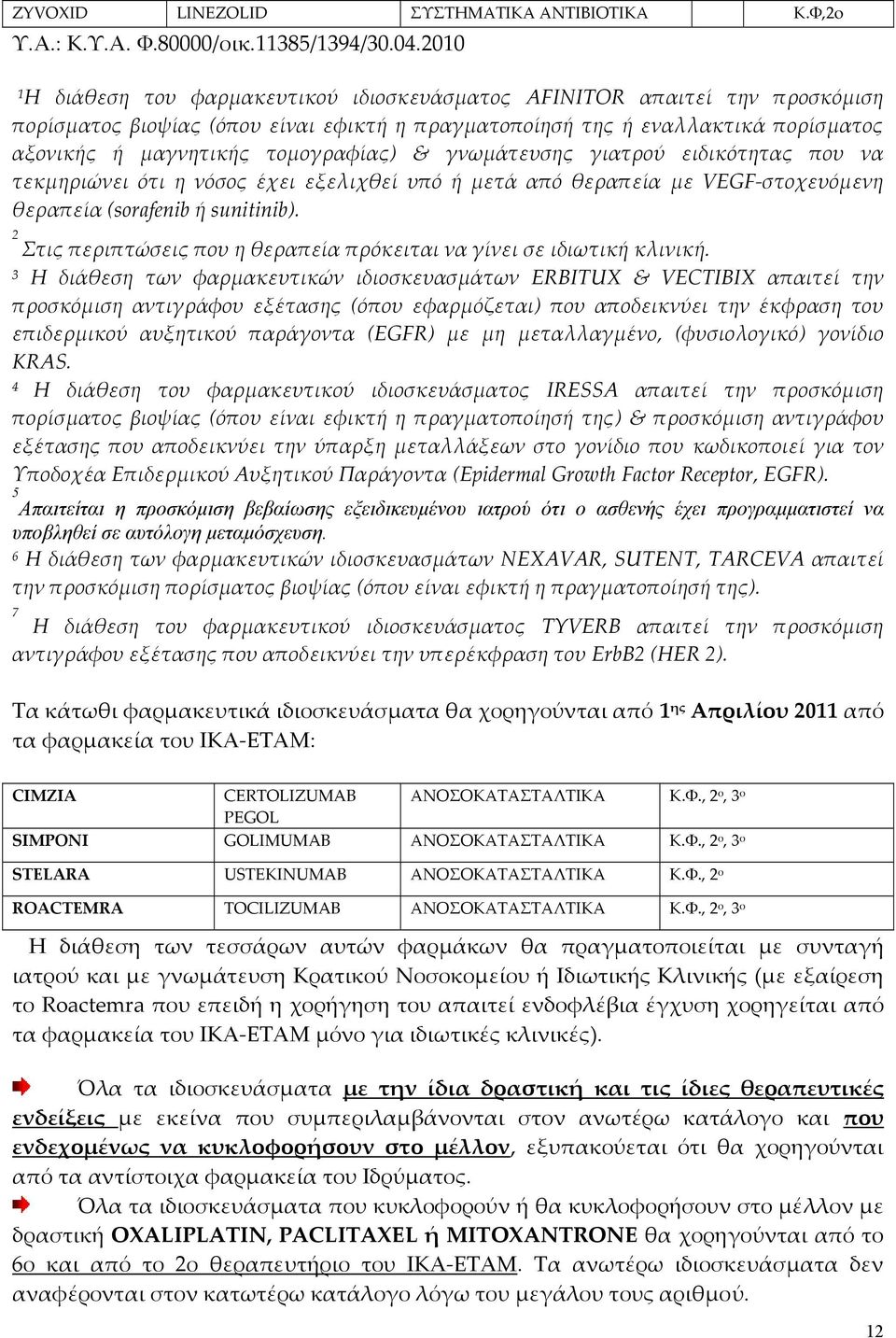 στοχευόμενη θεραπεία (sorafenib ή sunitinib) 2 Στις περιπτώσεις που η θεραπεία πρόκειται να γίνει σε ιδιωτική κλινική 3 Η διάθεση των φαρμακευτικών ιδιοσκευασμάτων ERBITUX & VECTIBIX απαιτεί την