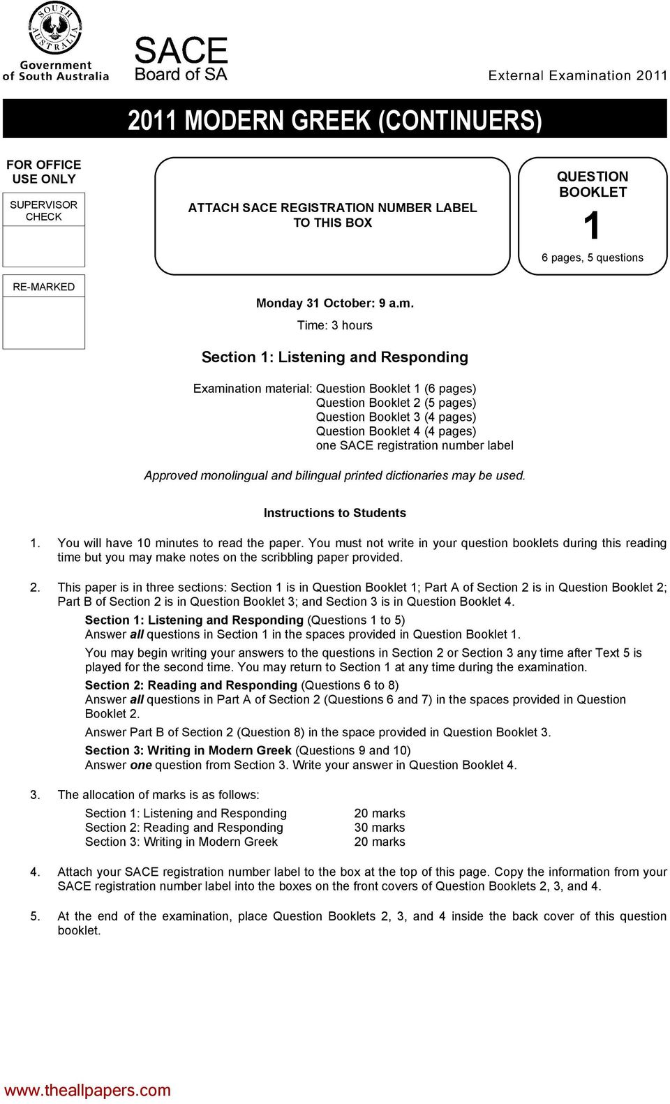 registration number label Approved monolingual and bilingual printed dictionaries may be used. QUESTION BOOKLET 1 6 pages, 5 questions Instructions to Students 1.