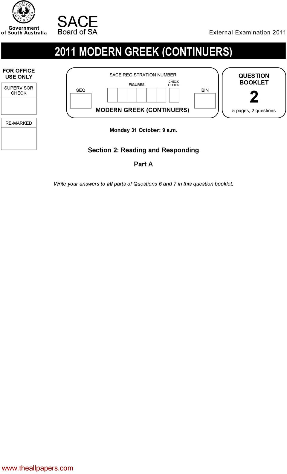 BOOKLET 2 5 pages, 2 questions RE-MARKED Monday 31 October: 9 a.m.