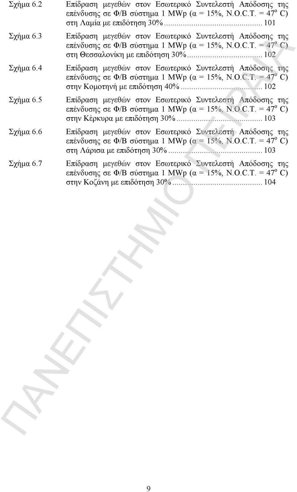 ..102 Επίδραση μεγεθών στον Εσωτερικό Συντελεστή Απόδοσης της επένδυσης σε Φ/Β σύστημα 1 MWp (α = 15%, N.O.C.T. = 47 ο C) στην Κομοτηνή με επιδότηση 40%.