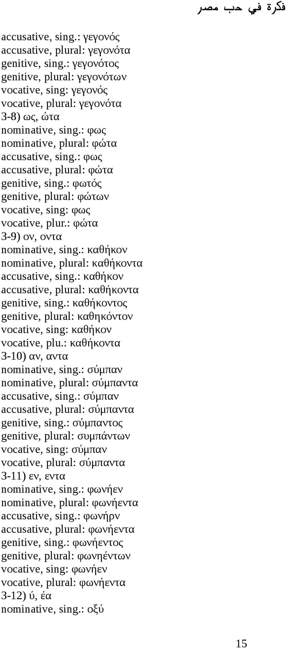 : καθήκον nominative, plural: καθήκοντα accusative, sing.: καθήκον accusative, plural: καθήκοντα genitive, sing.: καθήκοντος genitive, plural: καθηκόντον vocative, sing: καθήκον vocative, plu.