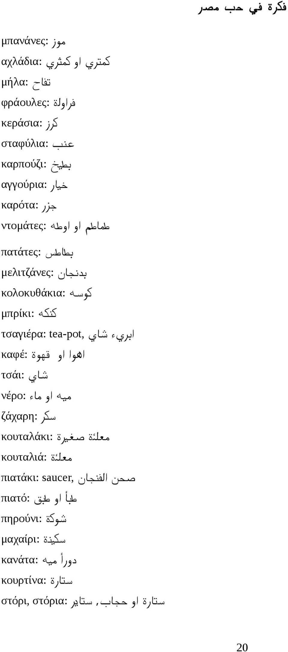 τσαγιέρα: اهوا او قهوة καφέ: شاي τσάι: ميه او ماء νέρο: سكر ζάχαρη: معلئة صغيرة κουταλάκι: معلئة κουταλιά: صحن الفنجان