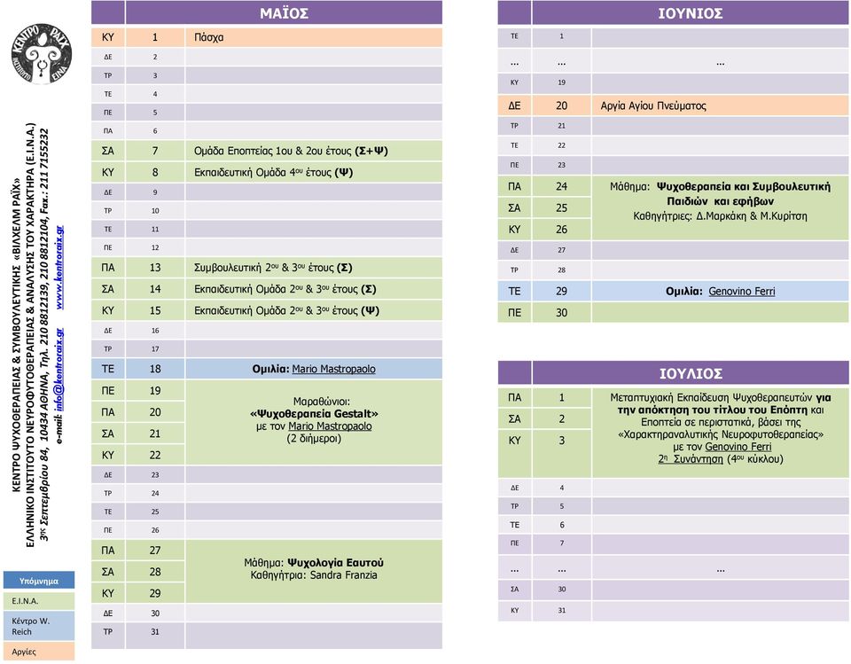 Πνεύματος ΤΡ 21 ΤΕ 22 ΠΕ 23 ΠΑ 24 Μάθημα: Ψυχοθεραπεία και Συμβουλευτική ΣΑ 25 Παιδιών και εφήβων Καθηγήτριες: Δ.Μαρκάκη & Μ.