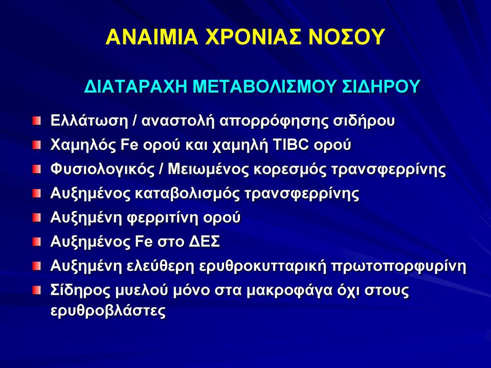 τρανσφερρίνης Αυξημένος καταβολισμός τρανσφερρίνης Αυξημένη φερριτίνη ορού Αυξημένος Fe στο